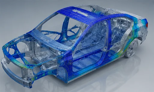 Caisse automobile avec visualisation par éléments finis