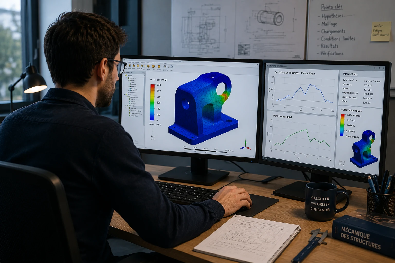 Ingénieur MG CALCULS devant des résultats de simulation mécanique